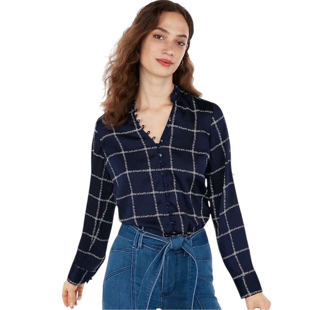 Express‎ Portofino Slim Navy Blue White Windowpane Plaid Button Front XS Blouse